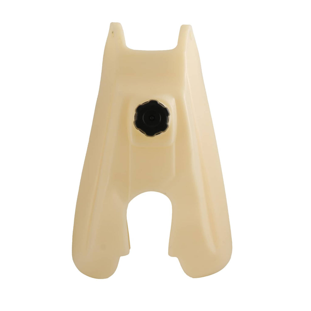 Beige plastic fuel tank with black gas cap and cutout opening, rear view