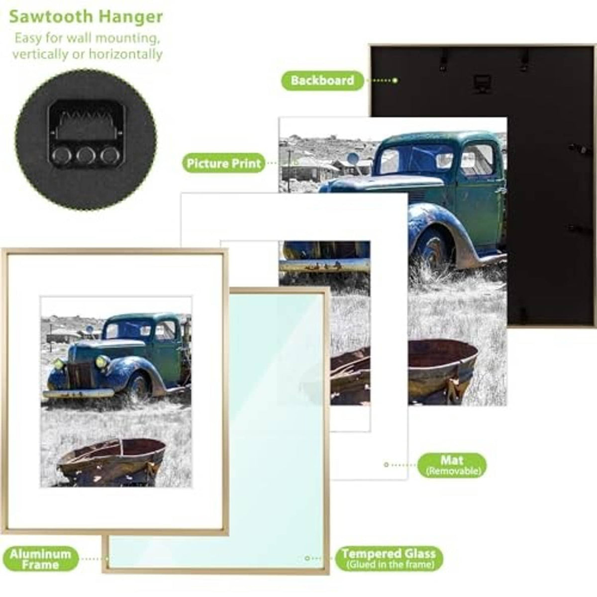 Gold aluminum picture frame with tempered glass and removable mat illustration