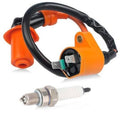 Ignition coil with wiring harness and spark plug, orange and black.