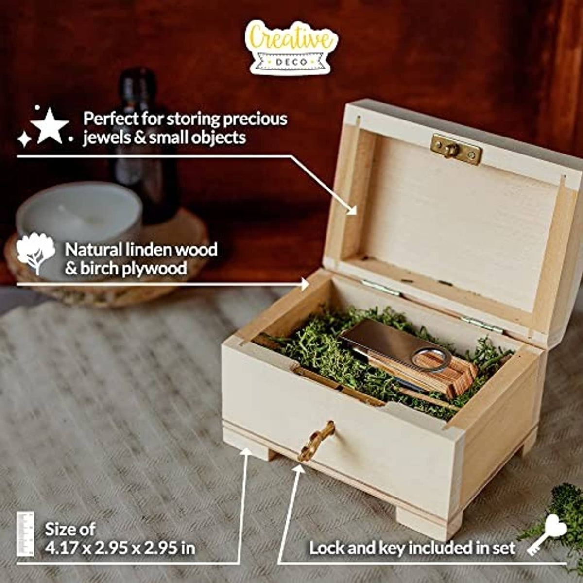 Wooden jewelry box open view showing brass lock hardware and interior