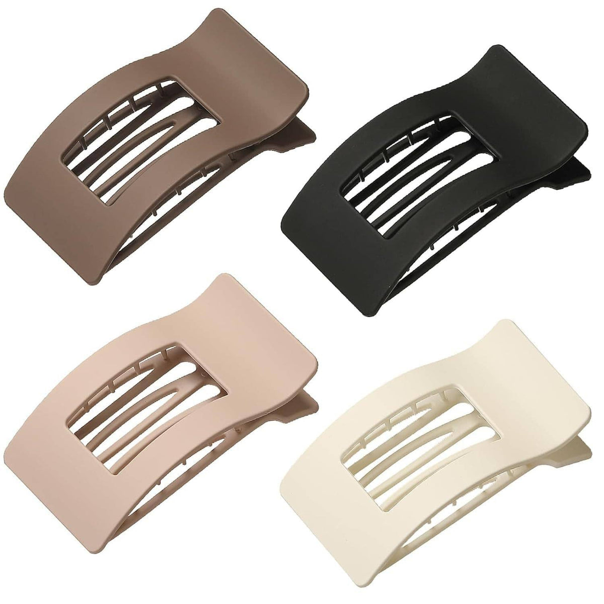Set of 4 square flat claw hair clips, taupe, black, beige, and cream with comb teeth