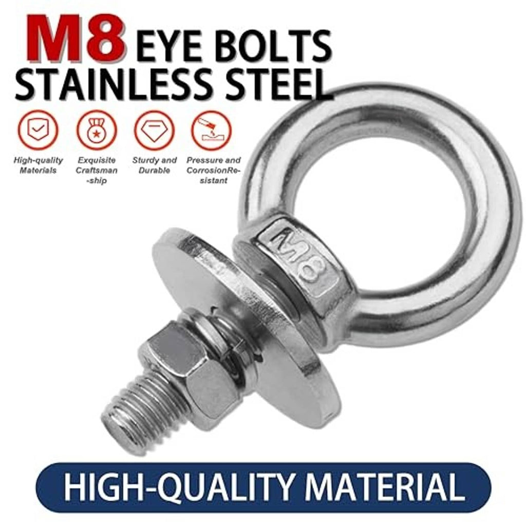 M8 stainless steel eye bolt with nut and washer, close-up of ring and threads