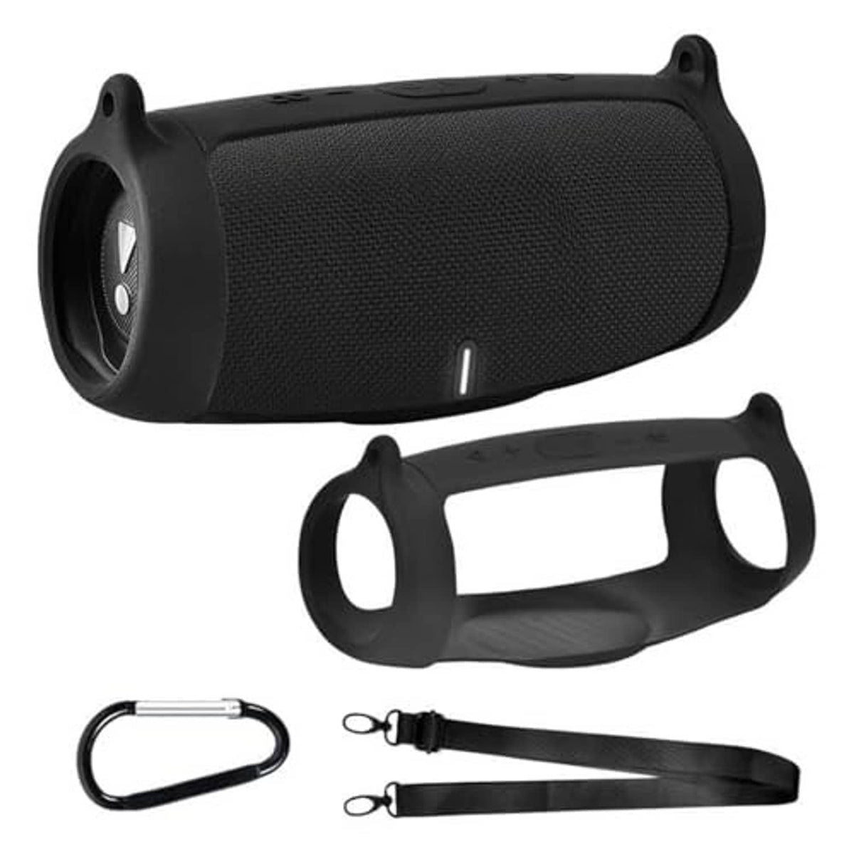 Black silicone speaker case cover and molded handle, with strap and clips