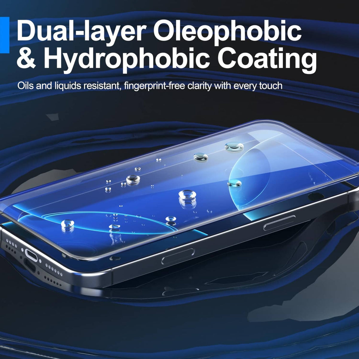 Hydrophobic screen protector with water droplets on phone display surface