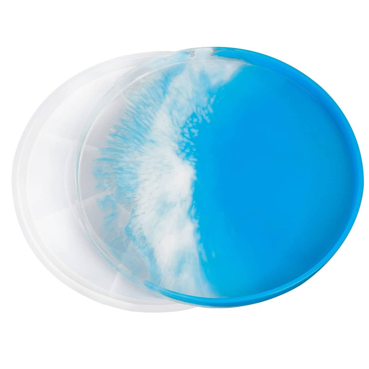 Large round resin rolling tray mold with clear and blue swirl finish