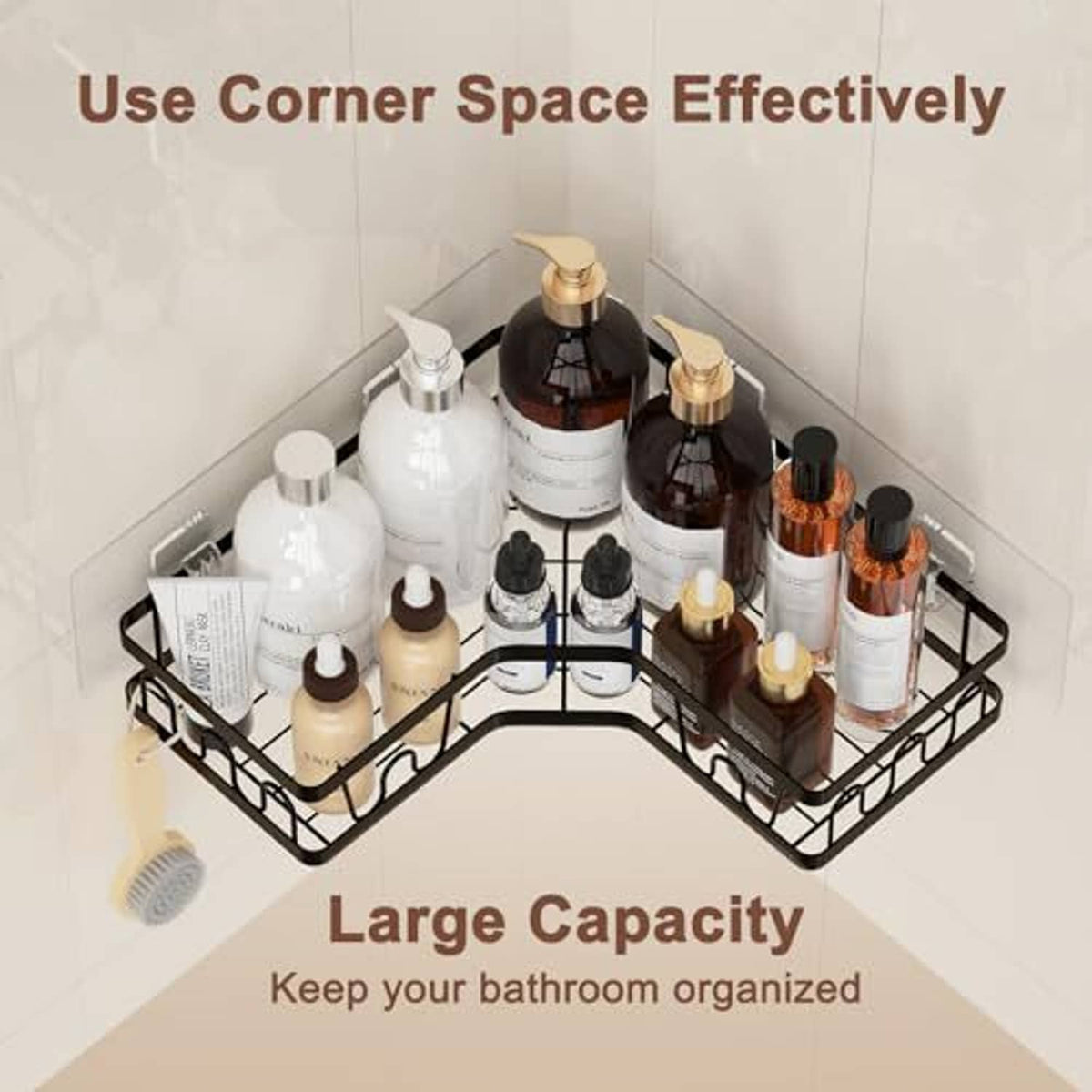 Two-tier corner shower shelf organizer with black metal racks and several hooks