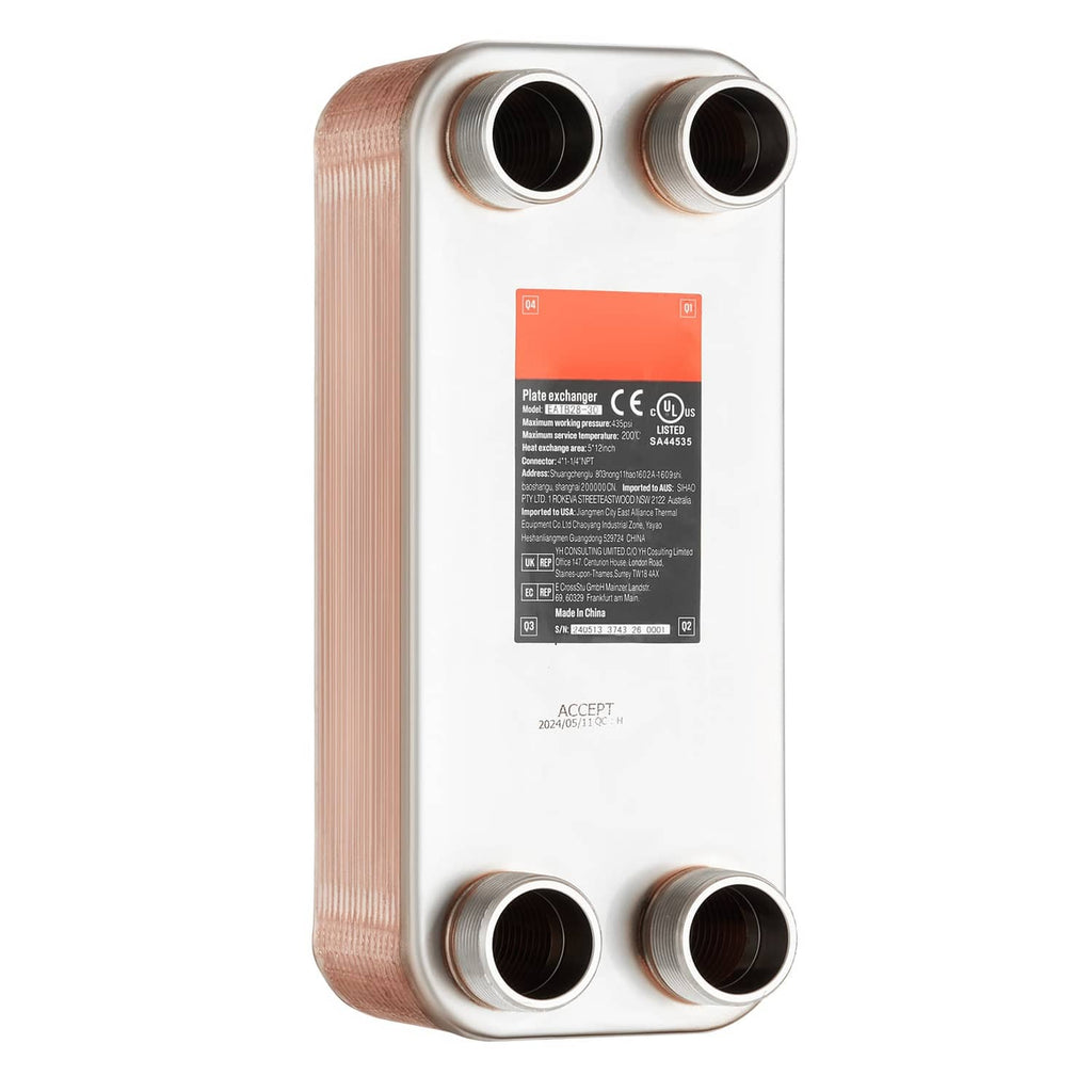 Copper-brazed 30-plate heat exchanger with four MNPT ports and stainless plate label.