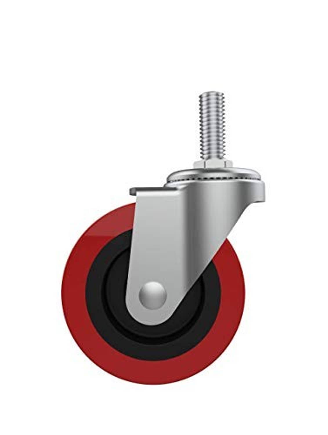 Swivel caster wheel shown from front: red rim, black center, silver bracket and bolt stem