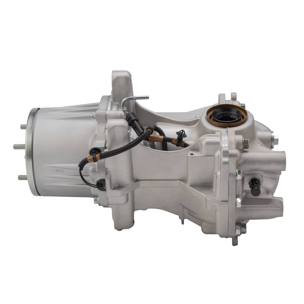Rear axle differential assembly, angled side view with metal casing and electrical leads