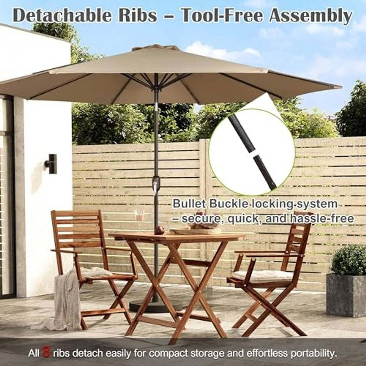 Market tan patio umbrella with open canopy and secured strap buckle