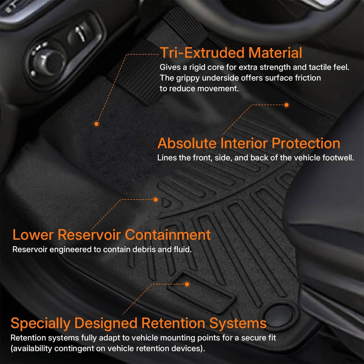 Black floor mats with raised channels and protective contours for front and rear floors