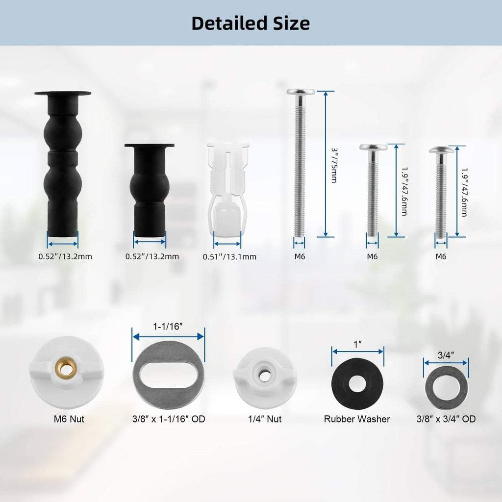 Toilet seat hardware size diagram showing M6 bolts, nuts, and rubber washers