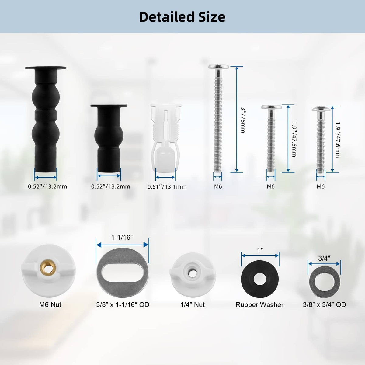 Toilet seat hardware size diagram showing M6 bolts, nuts, and rubber washers