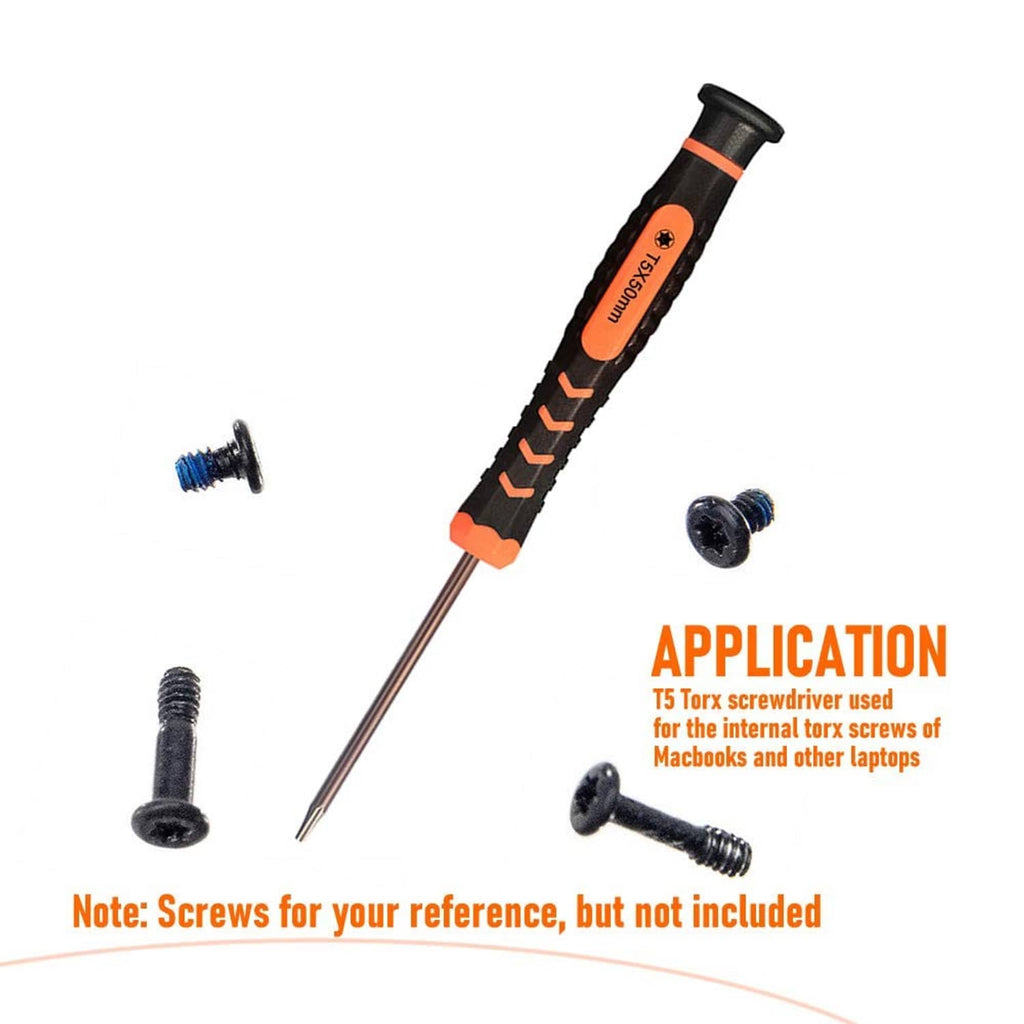 Orange-and-black T5 Torx screwdriver with steel shaft; small screws shown as examples