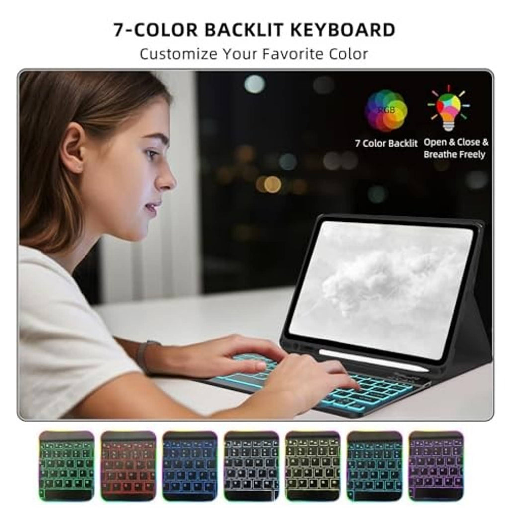 Tablet keyboard case with 7-color backlit keyboard and viewing kickstand