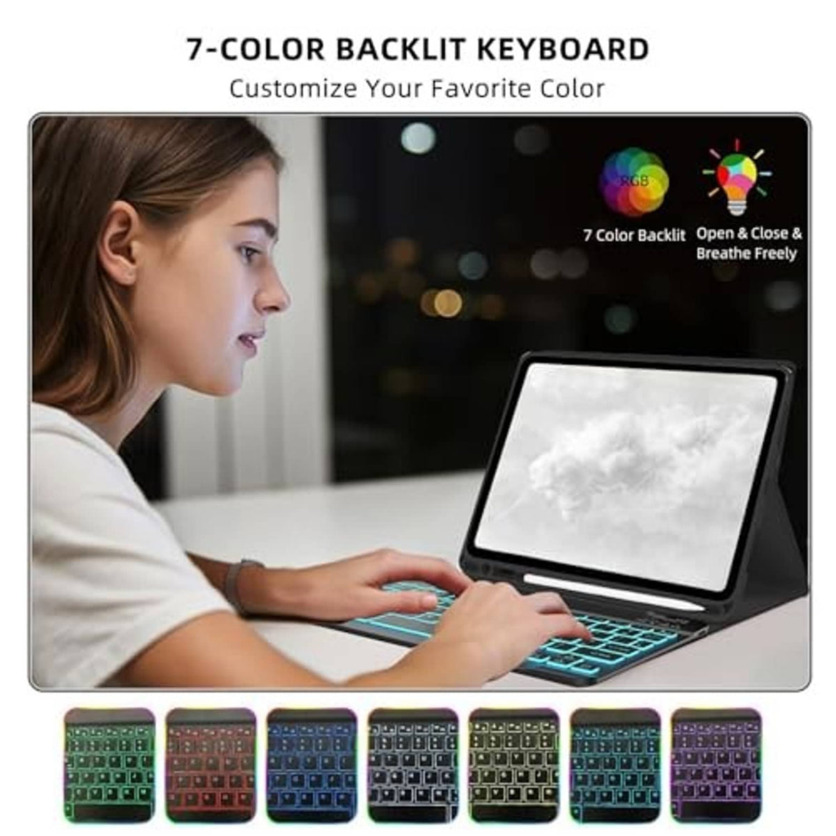 Tablet keyboard case with 7-color backlit keyboard and viewing kickstand