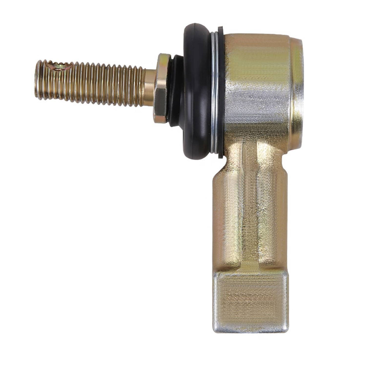 Tie rod end ball joint with black boot, gold finish, and long threaded adjuster stud