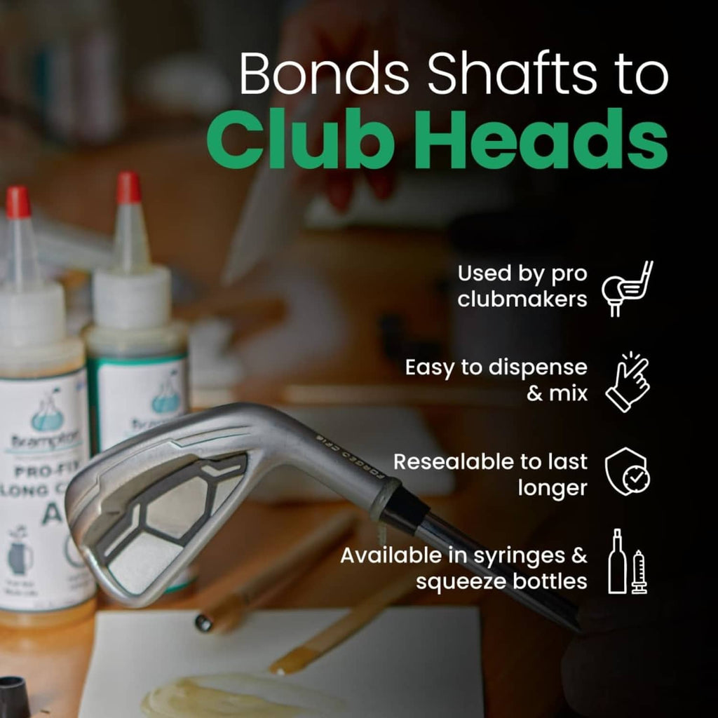 Graphic showing epoxy for bonding shafts to club heads with cartridge bottles and tools