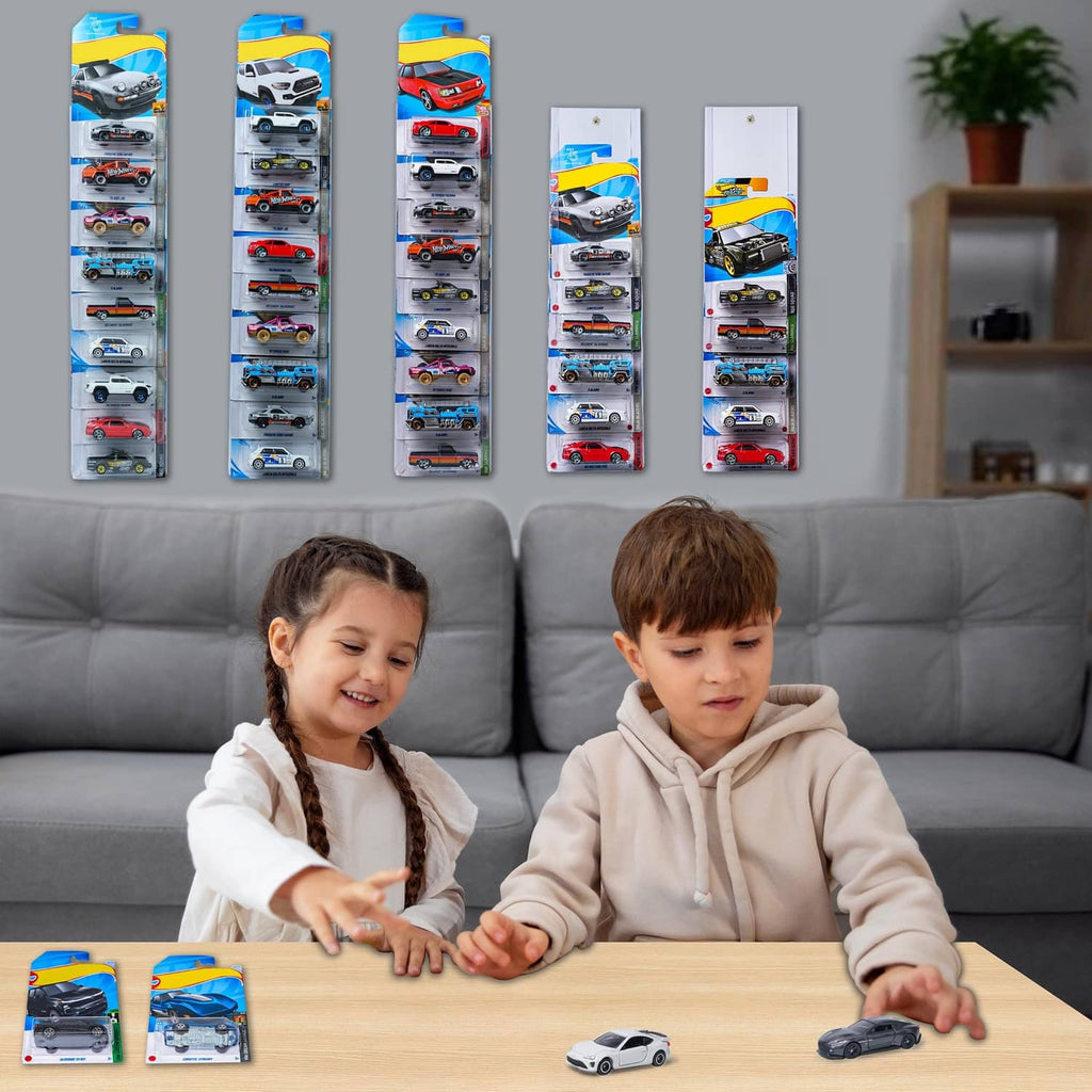 Five standing transparent diecast display cases with rows for toy cars