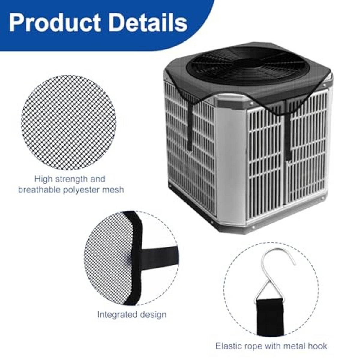 Black polyester mesh AC cover with elastic rope and metal hook, integrated design