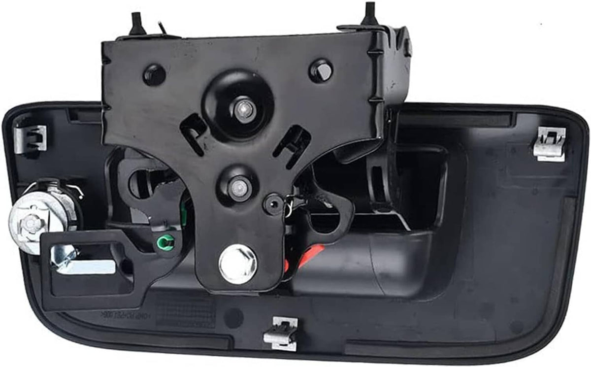 Black tailgate lock mechanism interior with mounting points and latch parts