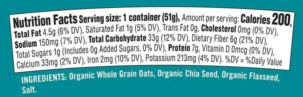 Nutrition Facts panel on Bob's Red Mill Organic Oatmeal cup