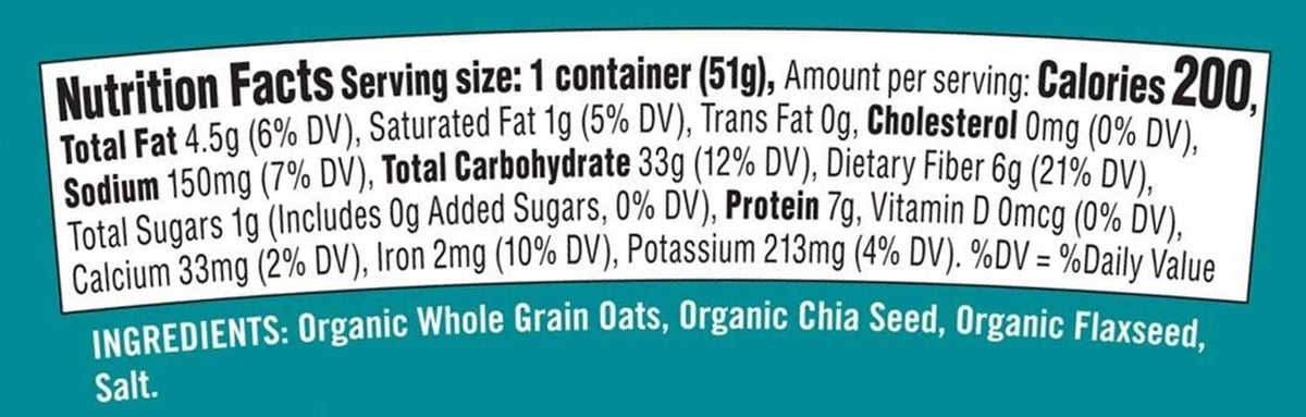 Nutrition Facts panel on Bob's Red Mill Organic Oatmeal cup