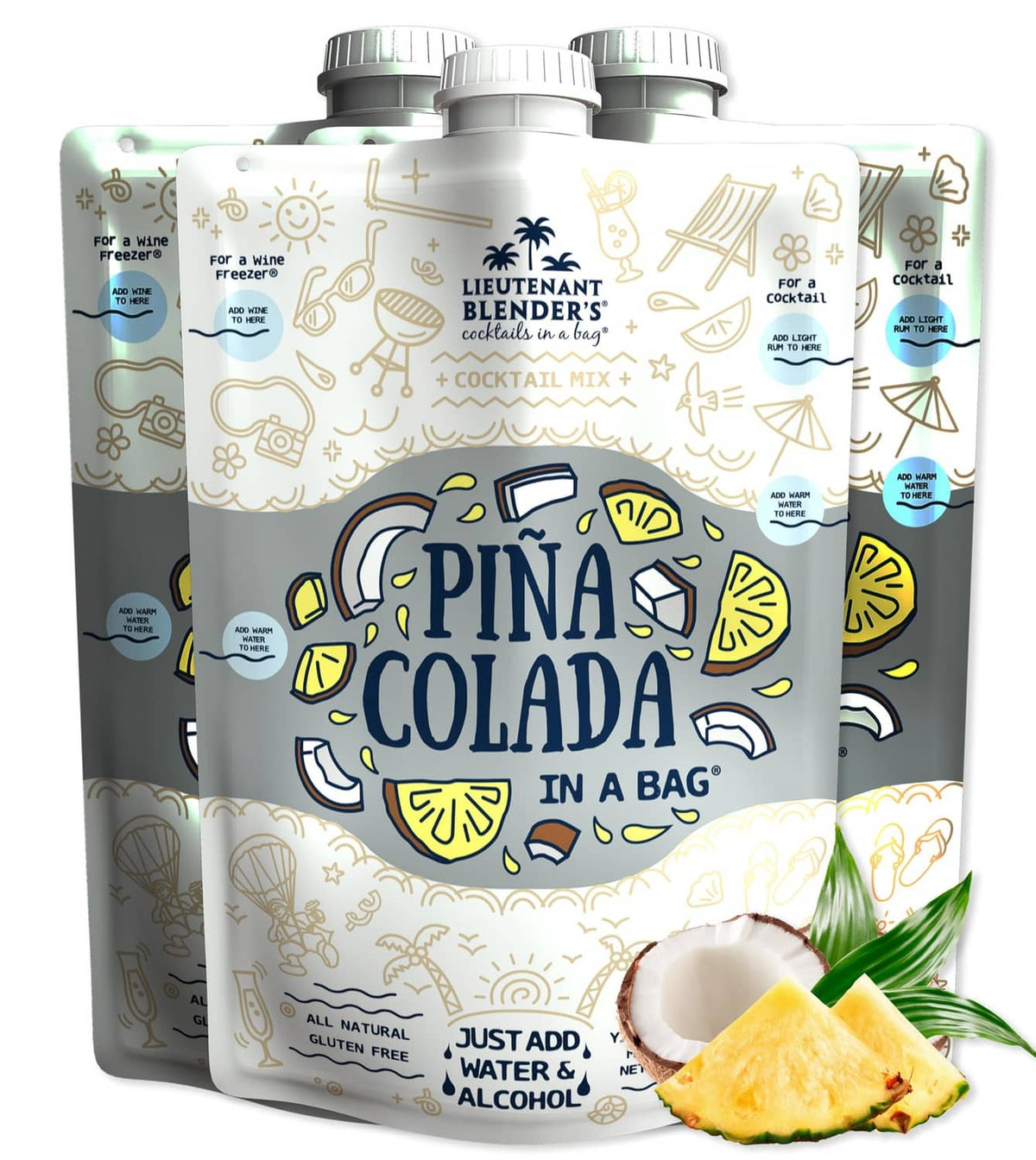 Pina colada cocktail mix pouches, three-pack with blue caps and front pouch art