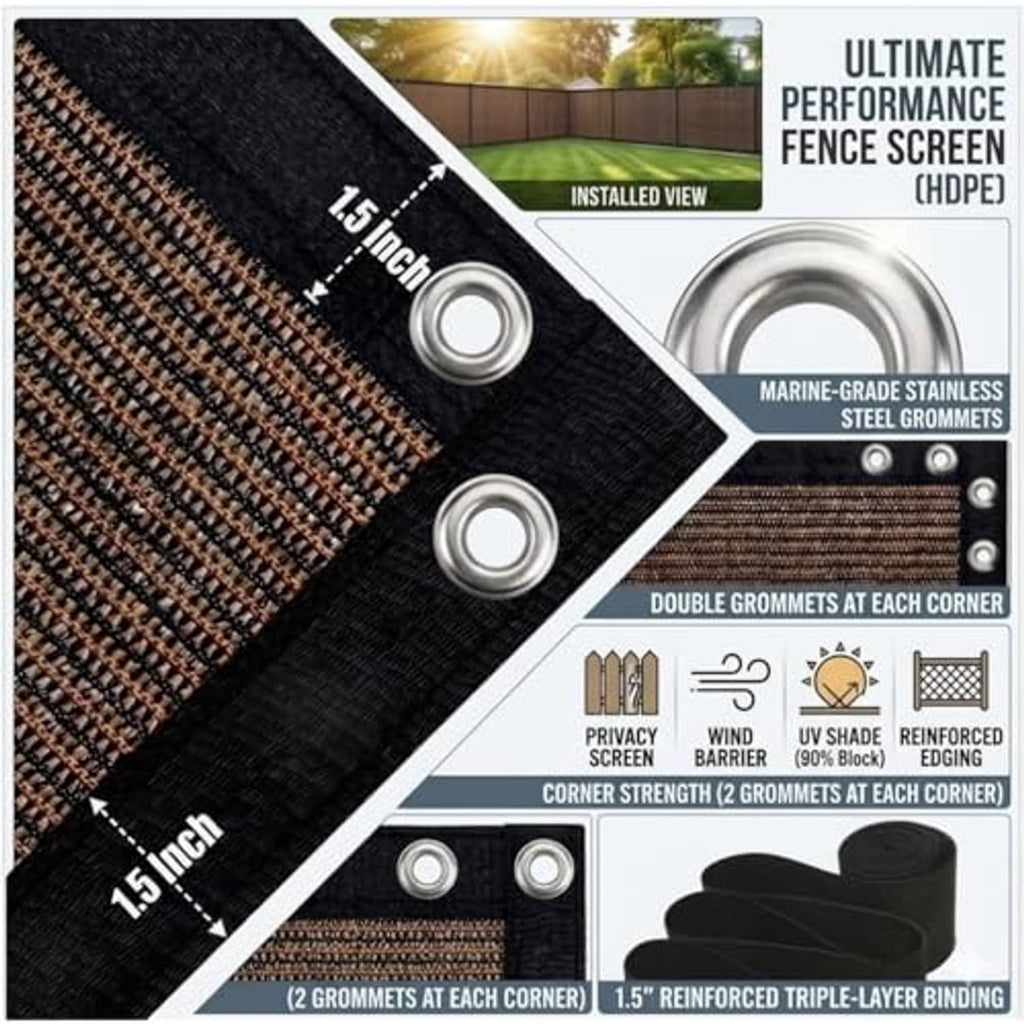Mocha-brown woven shade cloth with double corner grommets and reinforced binding, close-up