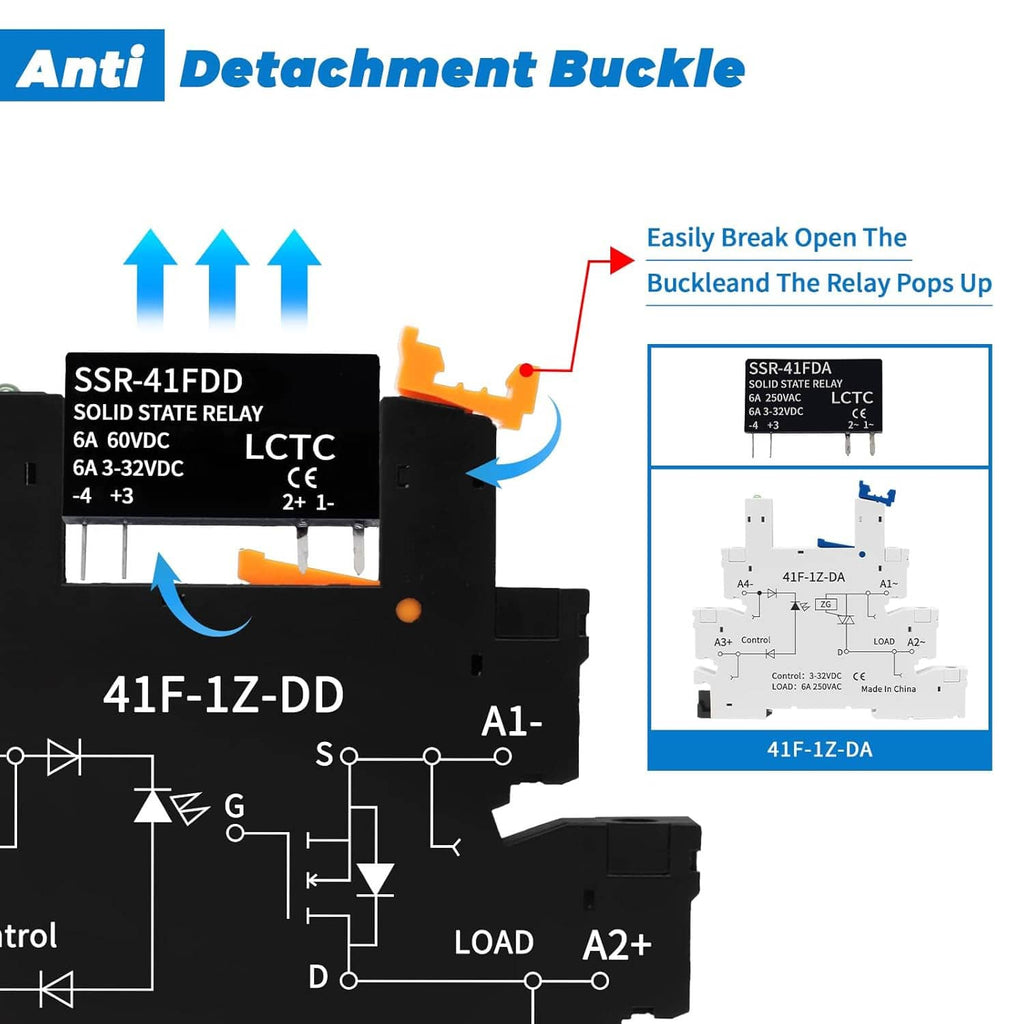 Solid state relay with anti-detachment buckle, labeled terminals A1- and A2+.
