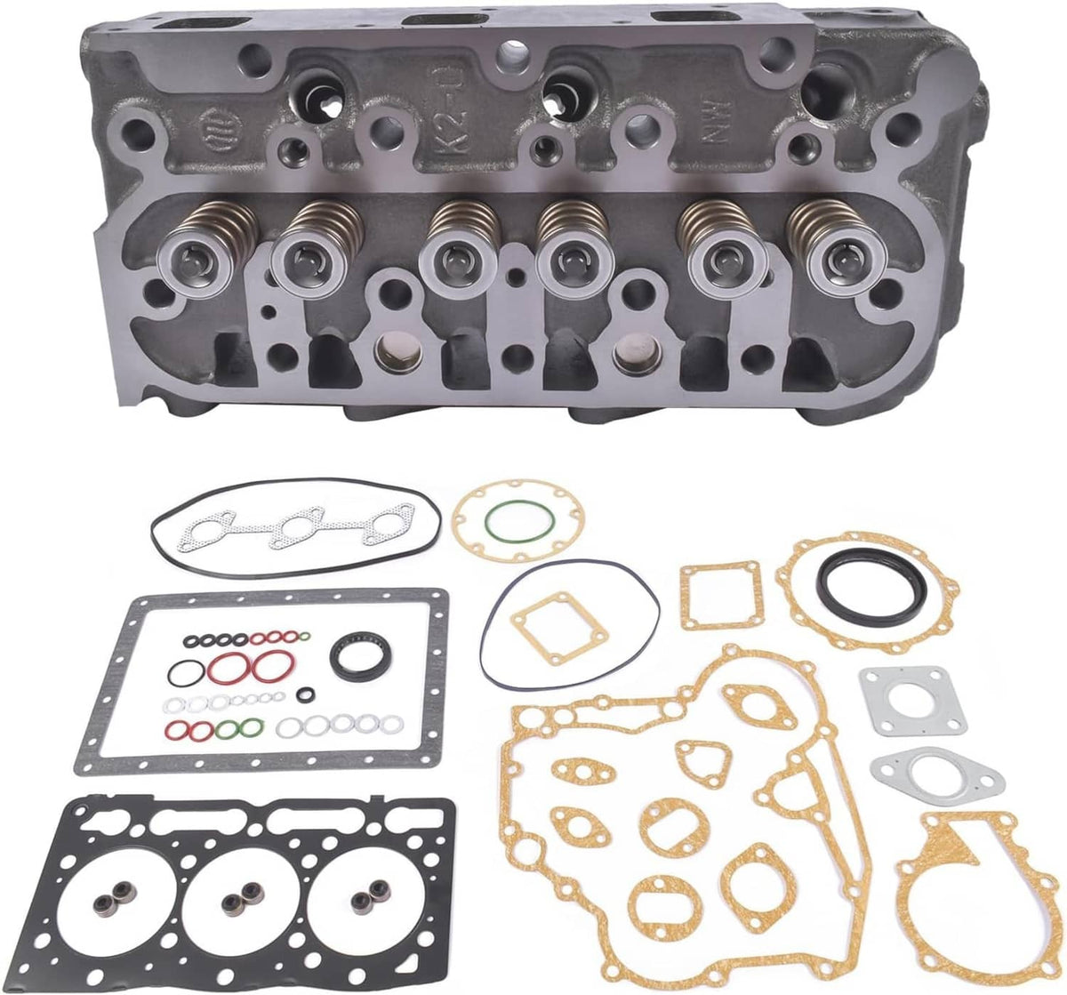 Cylinder head and complete gasket set with metal, paper, and rubber seals