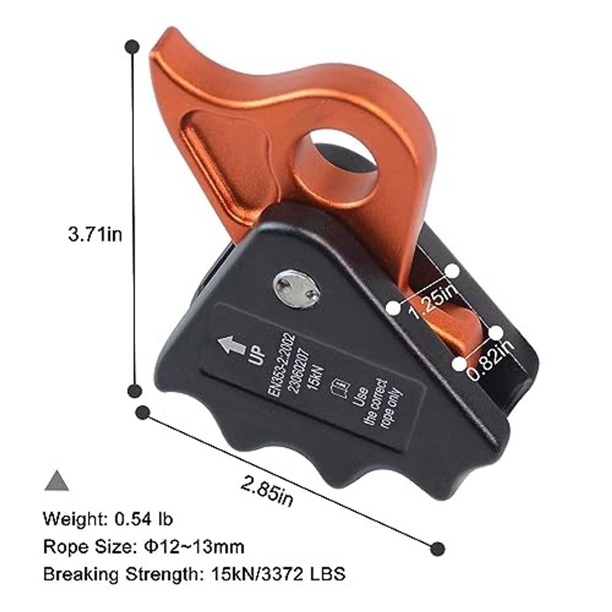 Orange and black rope grab ascender with size callouts and mounting hole
