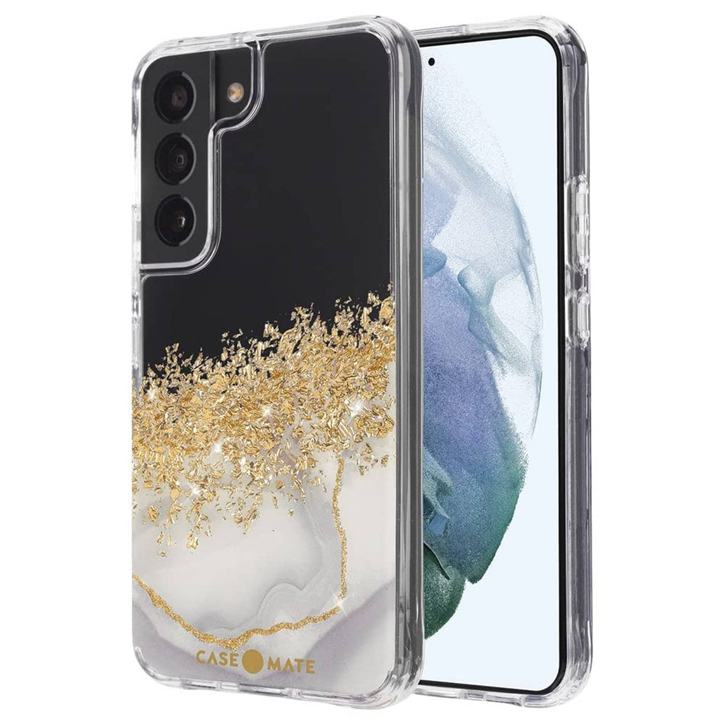 Clear phone case showing front screen and back gold marble wave pattern for Samsung Galaxy S22