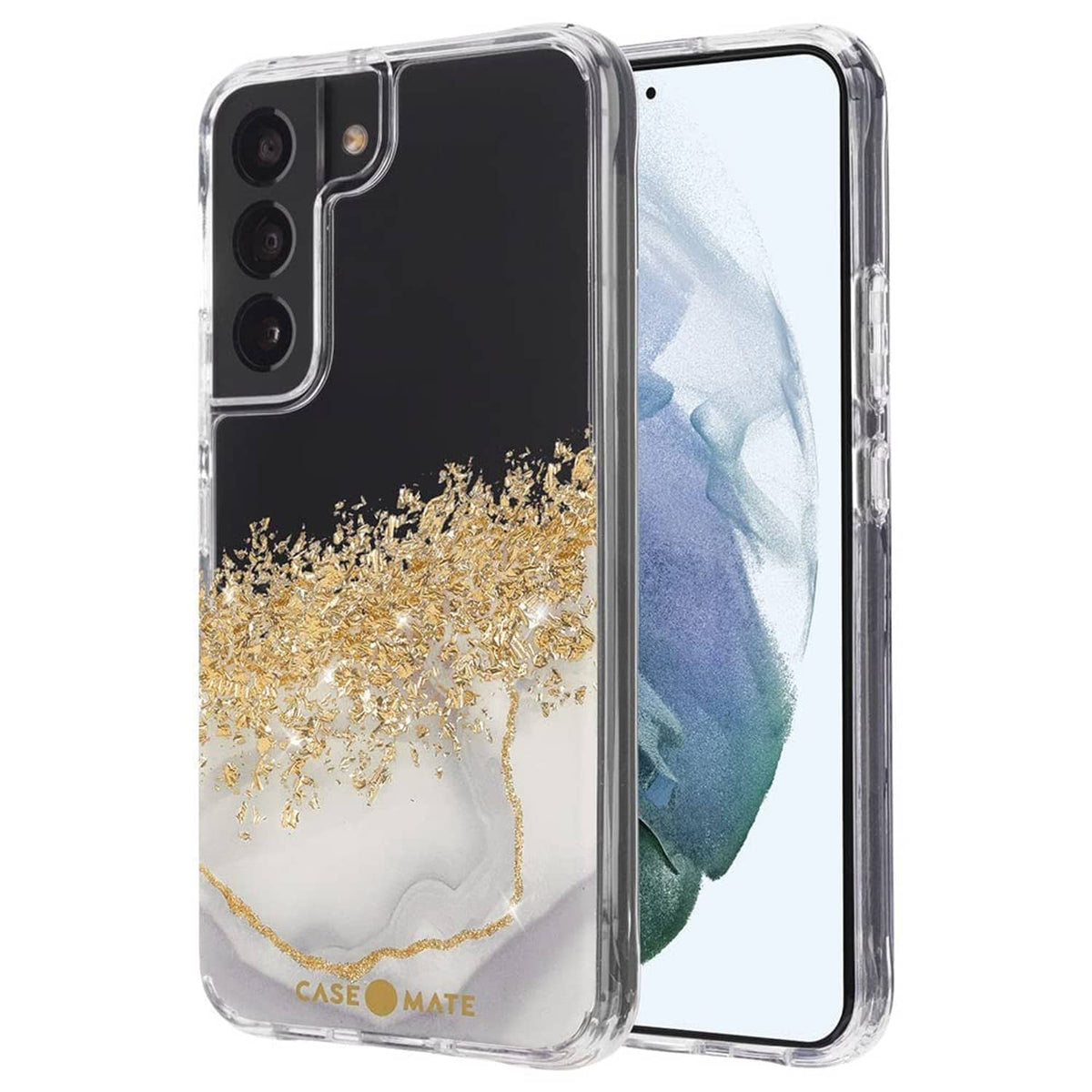 Clear phone case showing front screen and back gold marble wave pattern for Samsung Galaxy S22