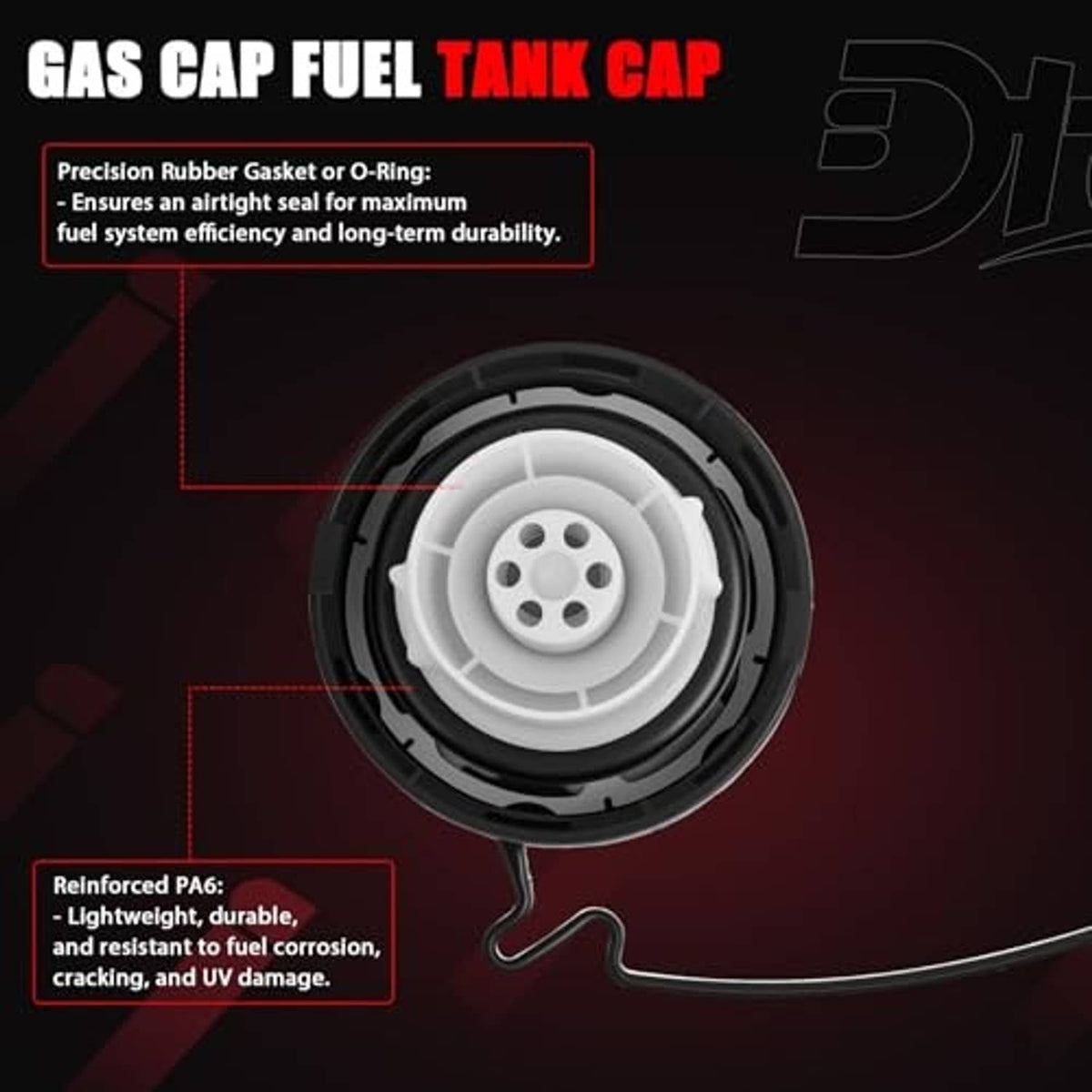 Fuel tank filler cap with white center, black gasket seal, and tether hose
