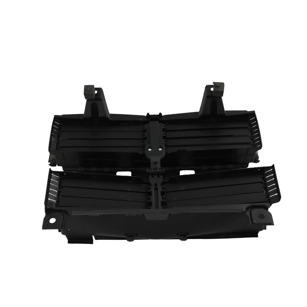 Radiator shutter assembly housing with motor, black plastic, front-and-back bracket layout