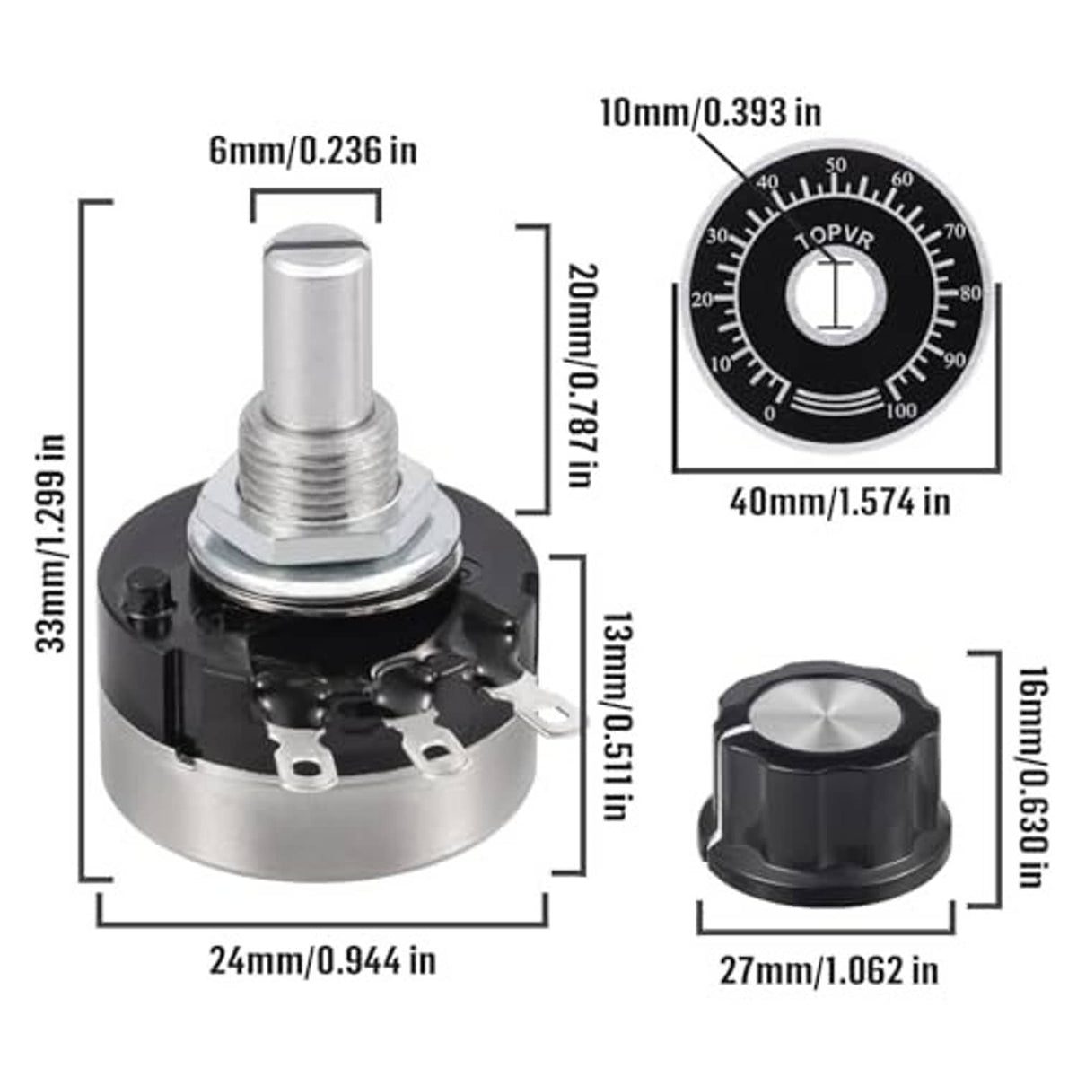Carbon film rotary potentiometer with metal shaft and black housing; size diagram view