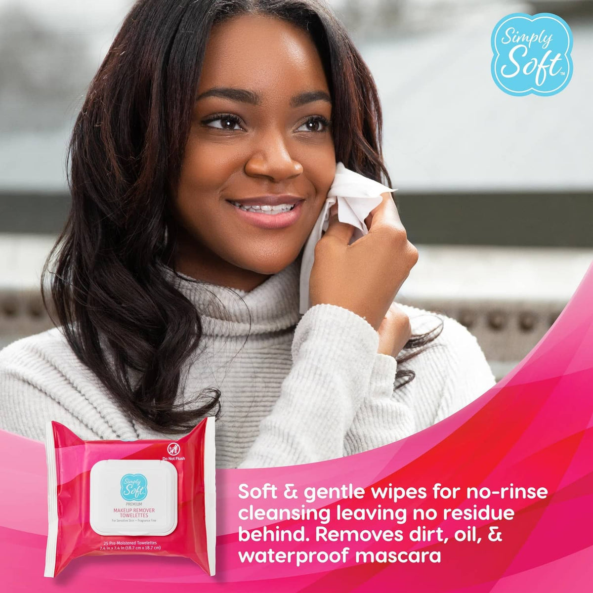 Simply Soft makeup remover towelettes, white wipe in use with red packet nearby