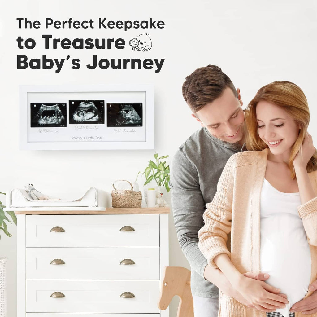 White baby ultrasound keepsake frame with three sonogram images arranged in a row