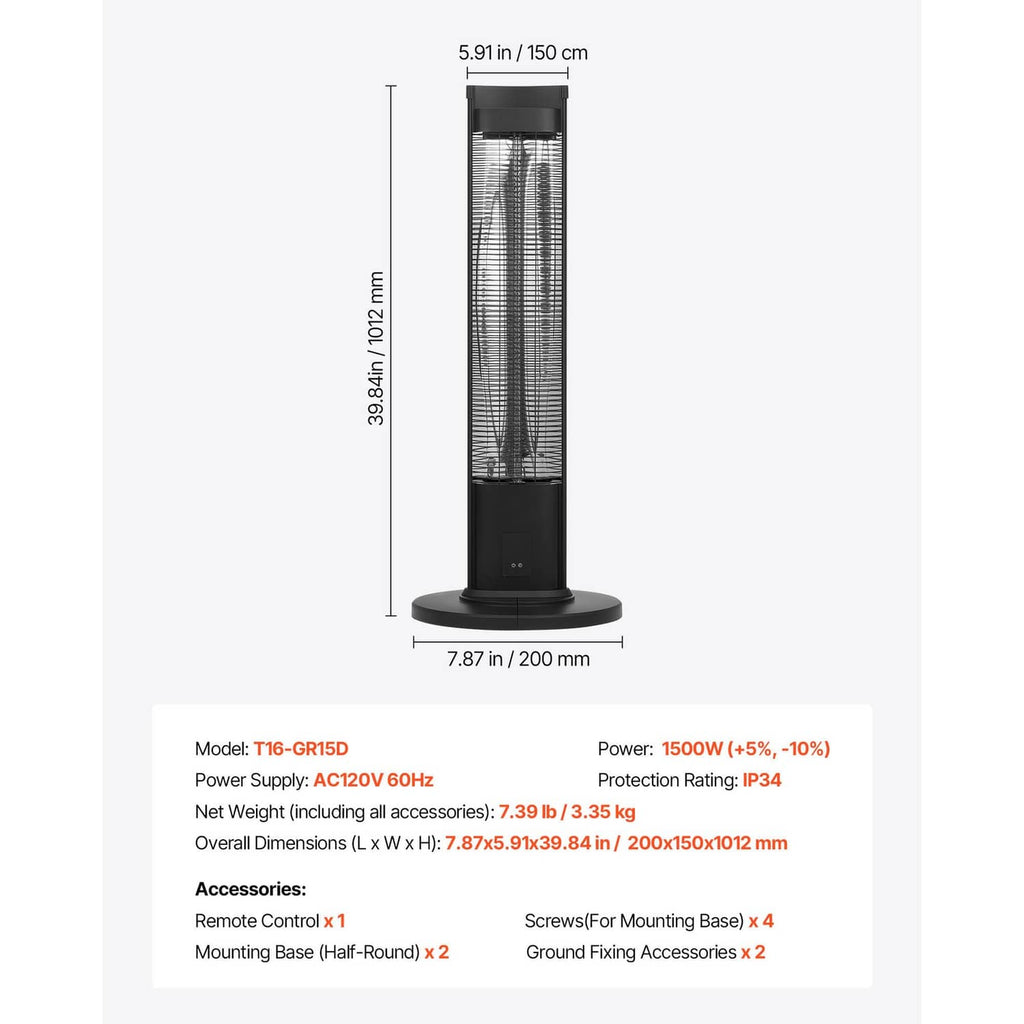 Infrared space heater tower size diagram with round base and tall heating tube
