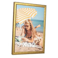 Ornate gold wood picture frame with clear front for 9x12 photos, front view