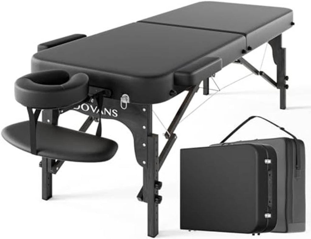 Foldable black massage table with padded arm/headrest supports and storage case