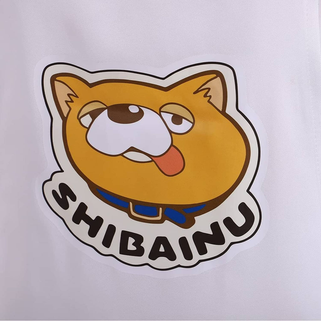 Close-up SHIBAINU cartoon logo print on white apron