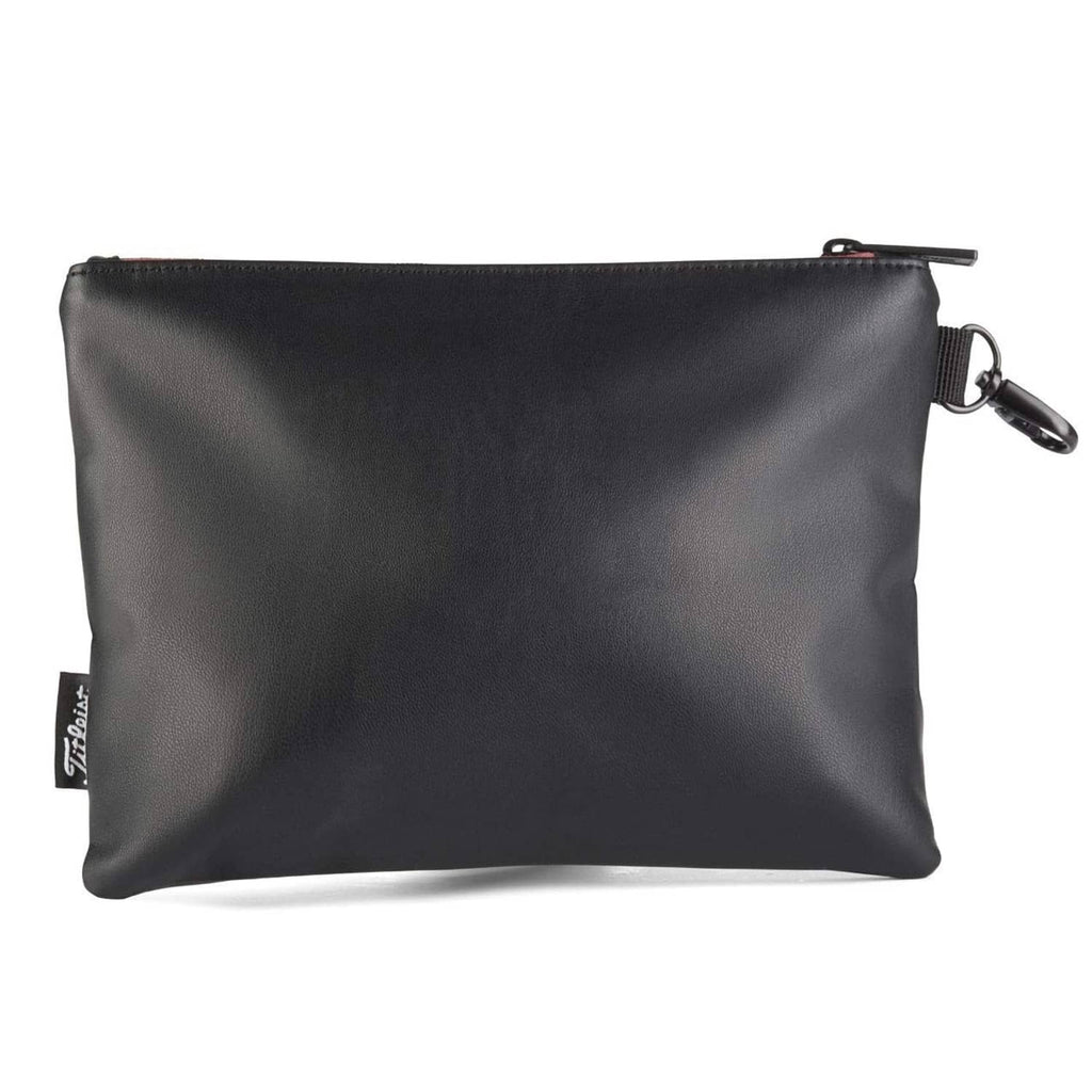 Titleist black zippered golf pouch, side view with key-ring clip