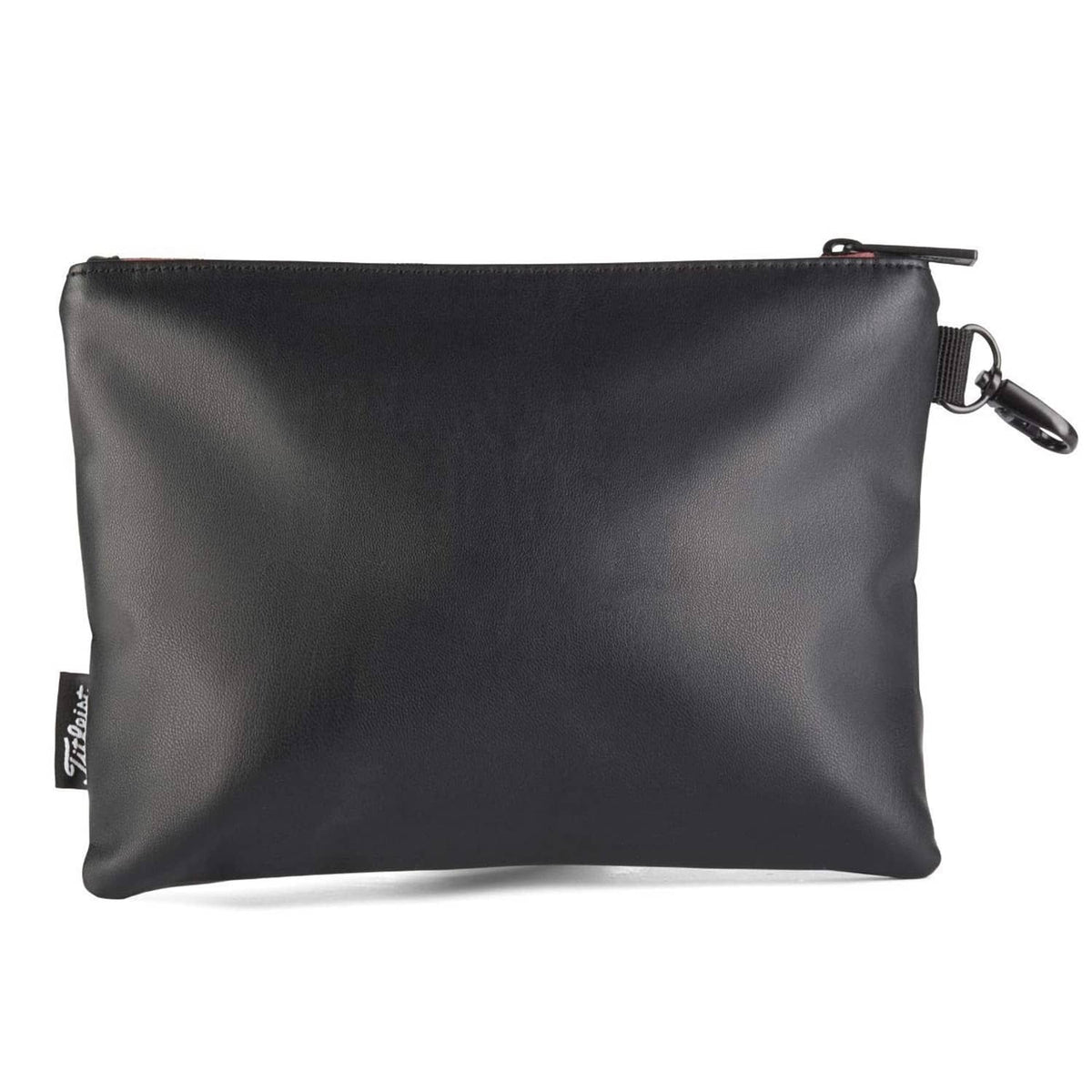 Titleist black zippered golf pouch, side view with key-ring clip