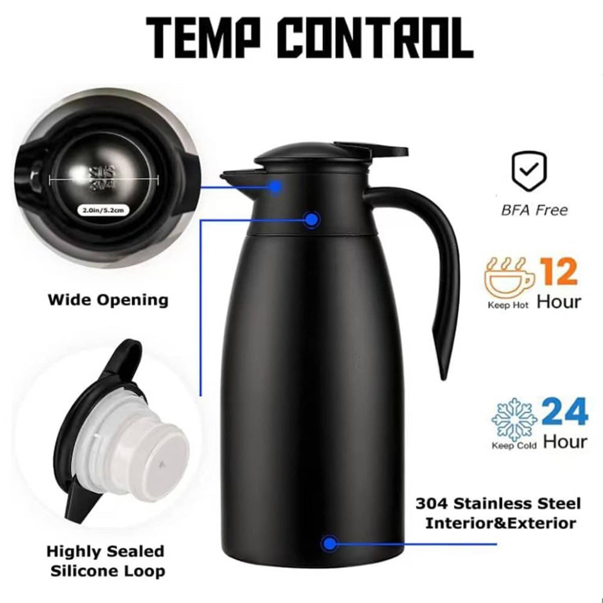 Black carafe with wide opening, hinged lid, and stainless interior view