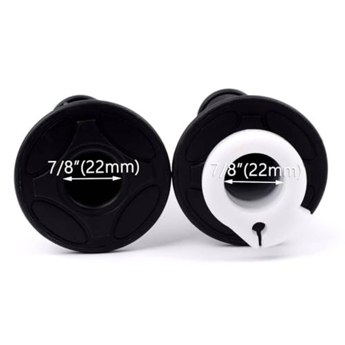 7/8in (22mm) throttle grip end caps in black with white insert, front and side view.