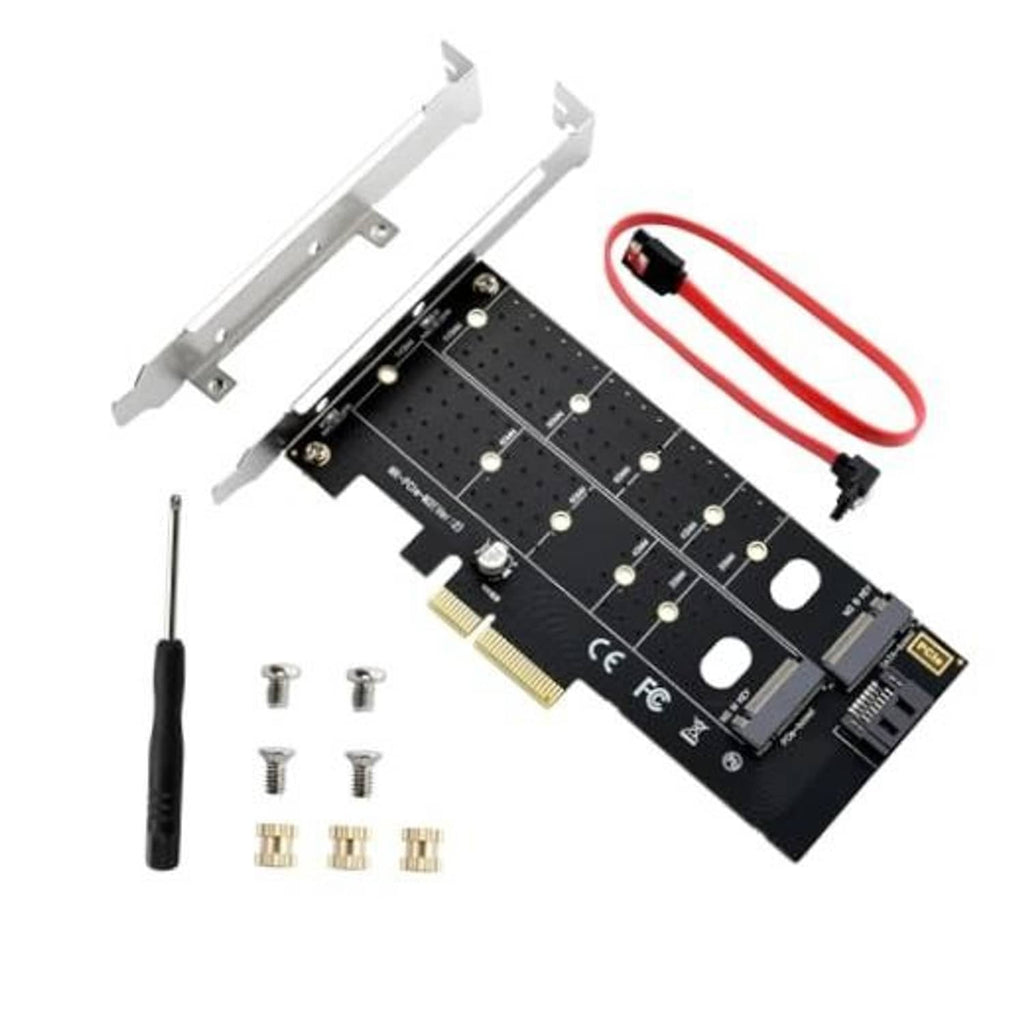 Dual M.2 PCIe adapter card with bracket, red SATA cable, and mounting screws