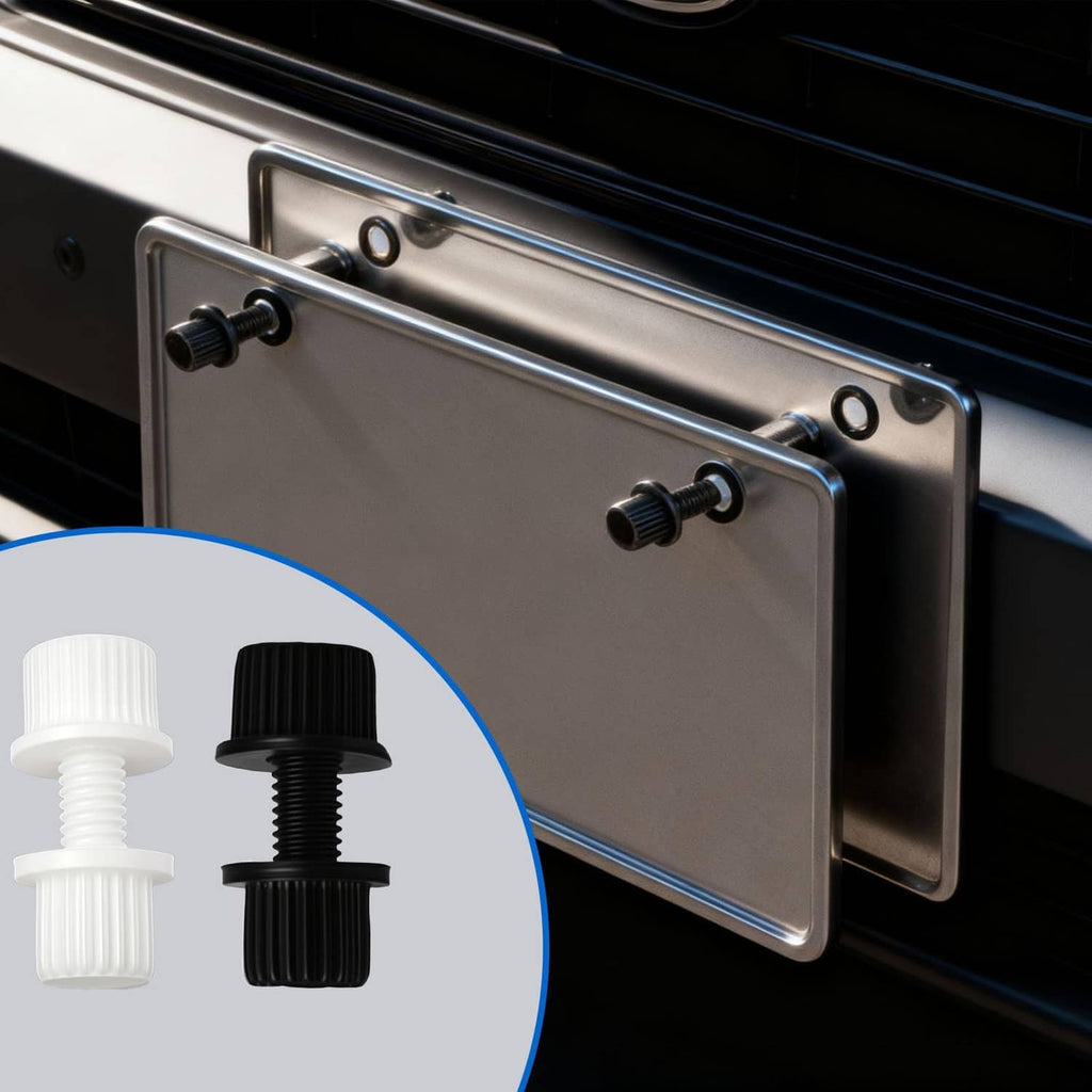 Nylon license plate screws with white and black caps on a metal plate