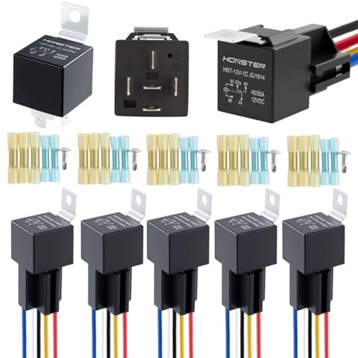 Five black 12V 5-pin relays, wiring harness, and gold crimp terminal set